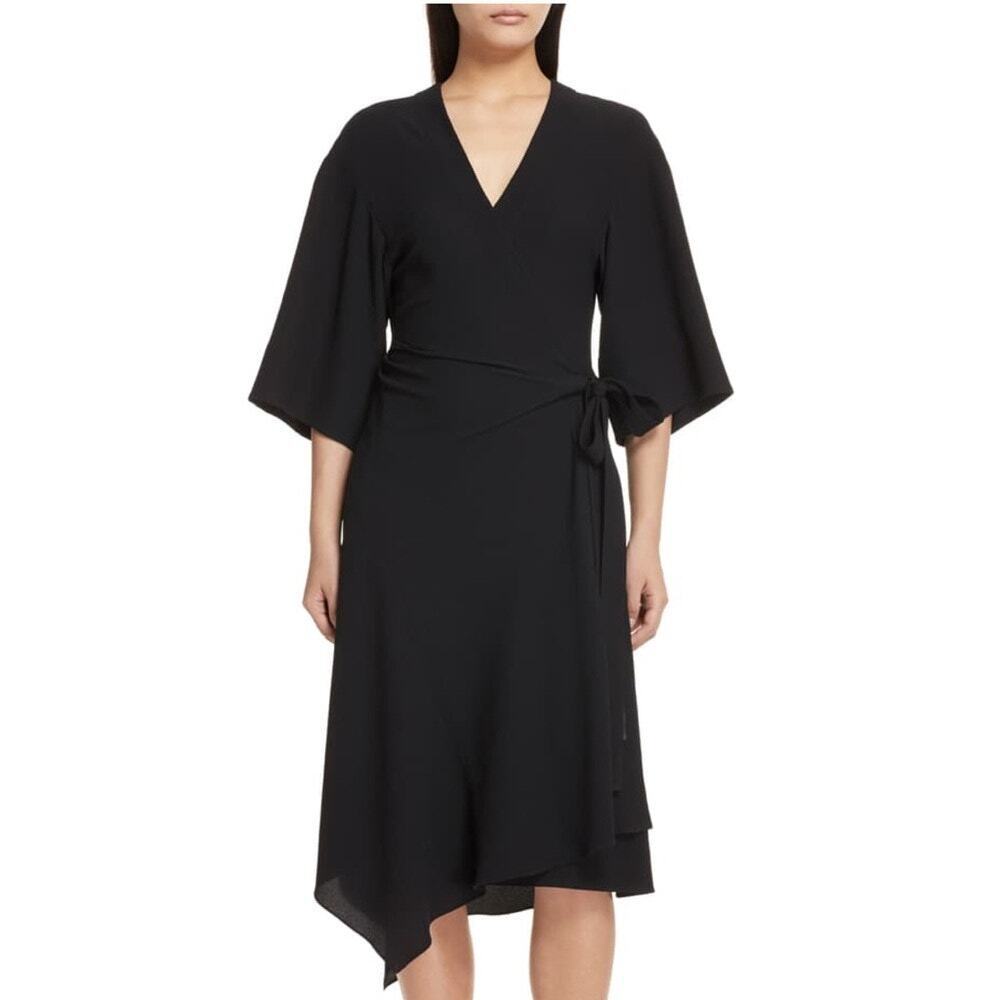 THEORY Kimono Wrap Dress Summer Crepe Black Size 4 Classic Neutral